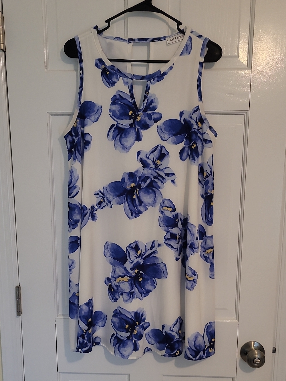 Ces Femme White Mini Dress with Blue Floral Print